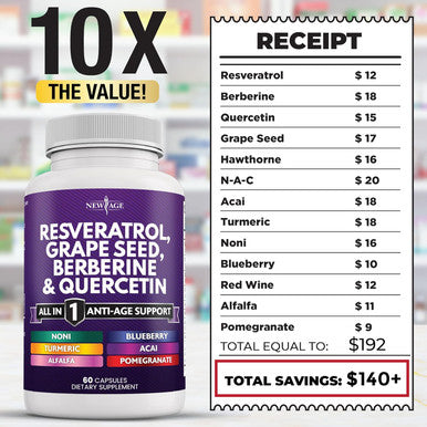 Age Resveratrol, Berberine, Grape Seed Extract, Quercetin, Polyphenol Supplement For Women And Men With Noni Extract, N-Acetyl Cysteine, Acai Extract - 120 Capsules