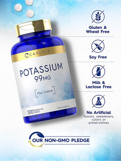 Potassium 99mg | Plus Iodine | 500 Vegetarian Tablets | Non-GMO and Gluten Free Dietary Supplement | by Carlyle