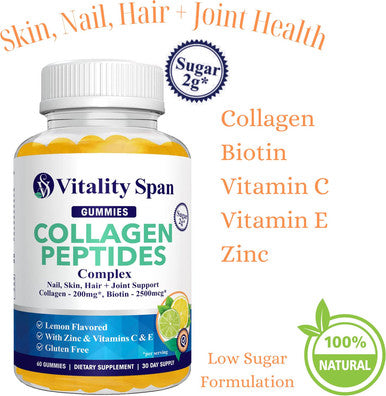 Collagen Gummies With Biotin (2500Mcg), Vitamins C, E, Zinc Beautiful Skin, Hair Growth, Strong Nails, Healthy Joints Low Sugar, Lemon Flavor 60 Collagen Gummy Vitamins