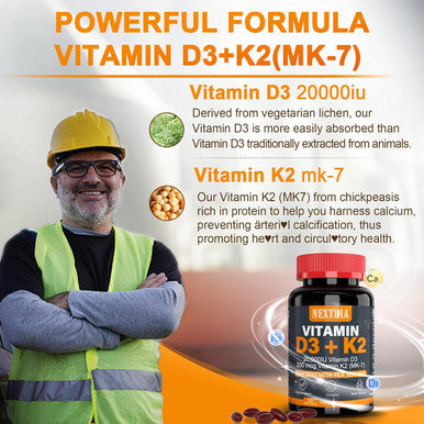 Vitamin D3 20,000 Iu + K2(Mk7) 200Mcg-Optimal Vitamin D3 & K2-Support Strong Bones & Muscle, Calcium Absorption & Immune Health, Helping Vitamin D Deficiencies, Easy To Swallow, (Pack Of 2)
