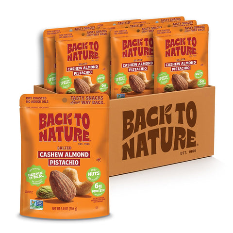 Back to Nature Premium Nut Mix - Cashew, Almond & Pistachio Blend, Dry Roasted with Sea Salt, Non-GMO High Protein Snacks, 9 Ounce (Pack of 9) | Cashew Almond Pistachio Mix, Kosher, No Dairy Added, Non GMO No High Fructose Corn Syrup No Artificials, Wholesome Snacks 9oz
