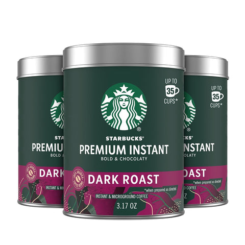 Starbucks Premium Instant Coffee Dark Roast, 3 Tins 3.17 oz | 100% Arabica premium instant and microground coffee; Dark Roast; 3 tins, 3.17 oz each