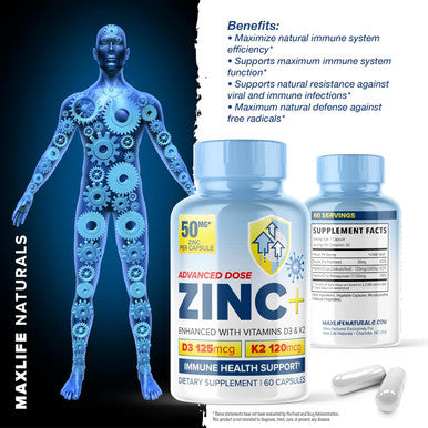 Maxlife Naturals Zinc Picolinate 50mg with Vitamin K2 MK-7 + Vitamin D3 5000 IU Zinc 50mg with 120mcg Vitamin K2 as MK7 Non-GMO Zinc Supplements Easy to Swallow Alternative to Lozenge Chewable Tablets Liquid Zinc