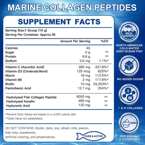 Zebora Marine Collagen Peptides Powder With Hyaluronic Acid Keratin - Wild Caught Hydrolyzed Fish Collagen With Multivitamins - Support Skin Hair Nail Keto Friendly 35 Servings