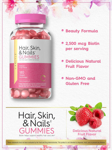 Carlyle Hair Skin and Nails Gummies | 180 Count | Fruit Flavor Gummy Vitamins | with Biotin | Non-GMO Gluten