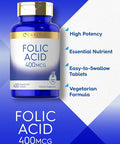 Carlyle Folic Acid 400 mcg | 400 Tablets | Vegetarian Non-GMO Gluten