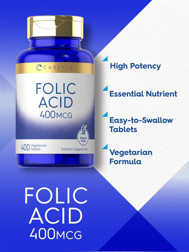Carlyle Folic Acid 400 mcg | 400 Tablets | Vegetarian Non-GMO Gluten