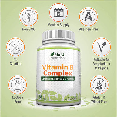 Vitamin B Complex 180 Tablets 6 Month Supply Contains All 8 B Vitamins in 1 Tablet, Vitamins B1, B2, B3, B5, B6, B12, Biotin & Folic Acid, High Strength Vitamin B Complex Vegetarian & Vegan