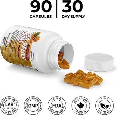 AzmaBiotech Advanced Pro-Relief Joint Synbiotic | Turmeric, Ginger, and Black Pepper + 5 Strains Probiotics 10 Billion CFU/g | 90 Veggie Capsules