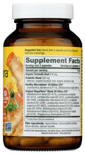 MegaFood Megaflora Probiotic + Prebiotics + Turmeric - Probiotics For Women & Men - Probiotics For Digestive Health - 50 Billion Cfus - 14 Strains - Vegan - Non-Gmo - 60 Caps (30 Servings)