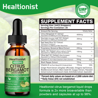 Healtionist 2 Packs 4000Mg Citrus Bergamot Liquid Drops - Cholesterol Lowering Supplement For Immune Support Anti-Aging Hight Cholesterol - Soursop Bitters Liquid High Absorption 4 Fl Oz