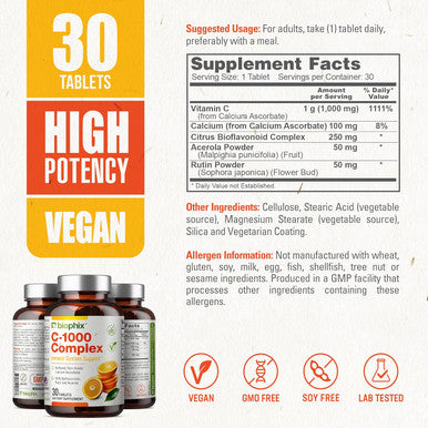 Biophix Vitamin C-1000 Mg 30 Tablets Complex - Vegan With Calcium Citrus Bioflavonoids Acerola Rutin - Supports Immune Health