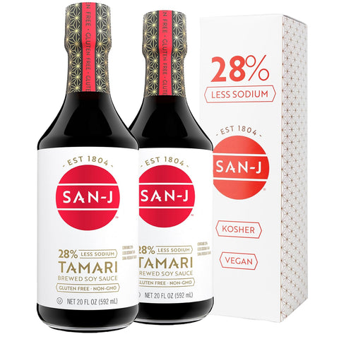 San-J - Gluten Free Tamari Soy Sauce with 28% Less Sodium - Specially Brewed - Made with 100% Soy - 10 oz. Bottles - 2 Pack - Includes a Collector's Tin
