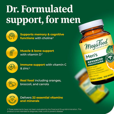 MegaFood Men'S Advanced Multivitamin For Men - Doctor -Formulated - Choline Vitamin B12 Vitamin D Vitamin C & Zinc - Brain Health & Immune Support - Non-Gmo - Vegetarian - 120 Tabs (60 Servings)