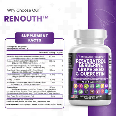 Resveratrol 6000mg Berberine 3000mg Grape Seed Extract 3000mg Quercetin 4000mg Green Tea Extract - Polyphenol Supplement for Women and Men with N-Acetyl Cysteine, Acai Extract - 60 Caps