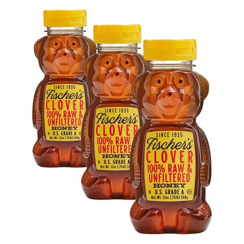 Fischer's Clover Honey, 12 Oz ÃƒÂ¢Ã¢â€šÂ¬Ã¢â‚¬Å“ 100% Pure, Raw & Unfiltered Honey ÃƒÂ¢Ã¢â€šÂ¬Ã¢â‚¬Å“ Squeezable Bear Bottle ÃƒÂ¢Ã¢â€šÂ¬Ã¢â‚¬Å“ Gluten-Free, Non-GMO ÃƒÂ¢Ã¢â€šÂ¬Ã¢â‚¬Å“ All-Natural Sweetener