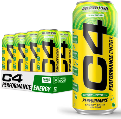 C4 Performance Energy Drink, Cherry Popsicle, Zero Sugar Carbonated Preworkout Energy, 200mg Caffeine with Beta Alanine, 16 Fl Oz (12 Pack)