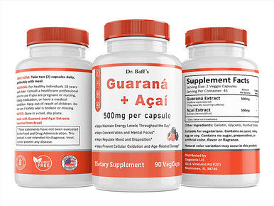 Dr. Baffs Guarana Acai 500mg Natural Herbal Brazilian Energizer Supplement 90 Vegetarian Capsules