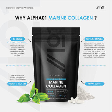 Marine Collagen 1000mg | 60 High Strength Capsules - Wild-Caught Type 1 Hydrolysed Marine Collagen Made with Vitamin C, E, B2, Zinc, Copper, Iodine & Hyaluronic Acid, by Alpha01A