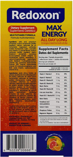 Redoxon Max Energy, Sustained Energy Formula, Helps Support Your Immune System, Max Energy All Day Long, Citrus Fruits Flavor, 20 Effervescent Tablets, 2.82 Oz, Box