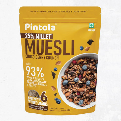 Pintola Dark Chocolate & Cranberry Muesli with 25% Millet & 60% Wholegrains (400g), Healthy breakfast cereal with 6 varied Nuts & seeds, No Preservatives, High in Fibre & Protein, Cholesterol Free