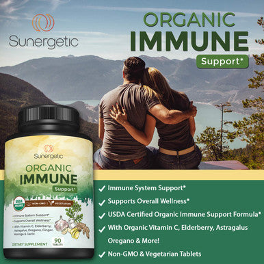 Sunergetic USDA Organic Immune Support Supplement ÃƒÂ¢Ã¢â€šÂ¬Ã¢â‚¬Å“ Organic Immune Health Supplement with Vitamin C Elderberry Astragalus Oregano Ginger Moringa & Garlic ÃƒÂ¢Ã¢â€šÂ¬Ã¢â‚¬Å“ Organic Immune System Support - 90 Immune Tablets