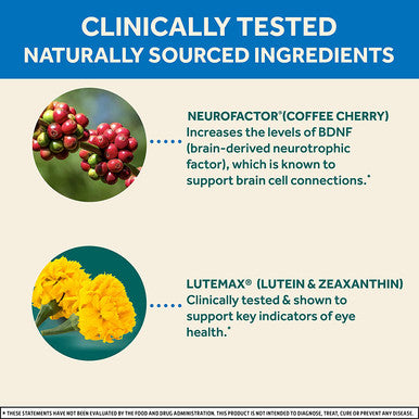 Lutein & Coffee Cherry - Neuriva Brain + Eye Support Capsules (30 count in a box), With Vitamins A C E, Zinc, Zeaxanthin, Antioxidants, Filters Blue Light, Decaffeinated, Vegetarian, Gluten & GMO Free