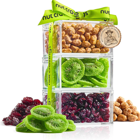 NUT CRAVINGS - Purim Mishloach Manot Dried Fruit & Mixed Nuts Gift Basket, Green Tower + Ribbon (12 Assortments) Ramadan Gifts Food Arrangement, Healthy Snack Care Package, Kosher