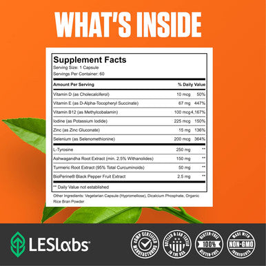 Les Labs Thyroid Support Metabolic Health, Thyroid Hormone Production, Energy & Focus Iodine, L-Tyrosine, Ashwagandha, Selenium & Turmeric Non-Gmo Supplement 60 Capsules