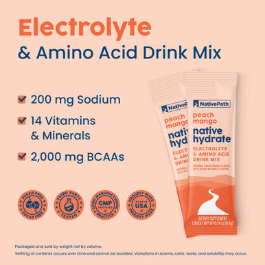 NativePath Native Hydrate Stick Packs Sugar Free Electrolytes Powder with BCAAs Peach Mango Hydration Keto & Paleo Friendly 30 Servings