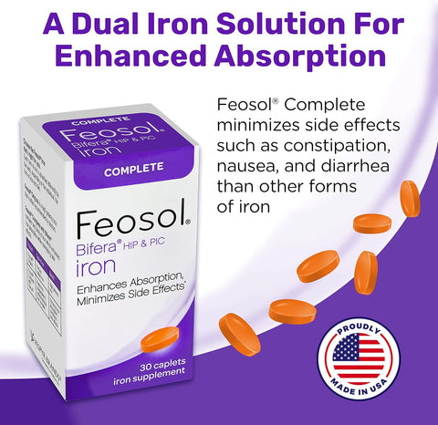 Feosol Complete Iron Supplement Caplets Bifera Iron For High Absorption Heme And Non-Heme Dual Action Minimizes 1 Per Day For Energy And Immune System Support Made In Usa 30 Count