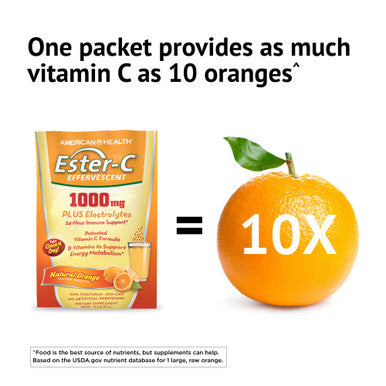 American Health Esterc Effervescent Powder Packets Natural 24 Hour Immune Support Supports Energy Metabolism With Electrolytes 1000 Mg Count Servings Orange 0.35 Ounce (Pack Of 21)