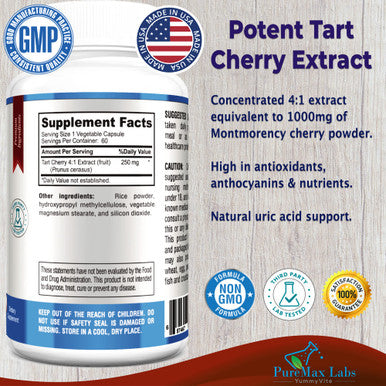 YUMMYVITE Tart Cherry - 4:1 Extract Capsules Equivalent To 1000Mg Of Montmorency Cherries, Antioxidant-Rich, Natural Uric Acid Support Supplement, Non-Gmo - 60 Capsules