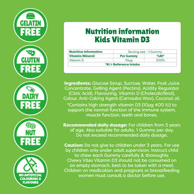Chewy Vites Kids High Strength Vit D3 60 Kids Vitamin D Gummies 10 mcg 400 IU Vitamin D3 2 Months Supply Vegan Real Fruit Juice Age 3 + Strawberry Flavour