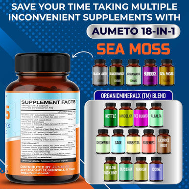 Aumeto Premium Sea Moss Supplement with Black Seed Oil Ashwagandha Bladderwrack Nettle- Advanced 18-in-1 Formula for Immunity Boosting Mineral-Rich - Made in The USA (150 Count (Pack of 1))