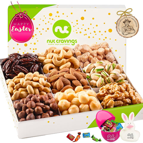 NUT CRAVINGS - Purim Mishloach Manot Mixed Nuts Gift Basket in Red Gold Box (7 Assortments, 1 LB) Ramadan Gifts Treats for Adults, Food Arrangement, Healthy Snack Care Package, Kosher