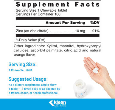 Klean Athlete Klean Zinc Support For Immune System Function Nsf Certified For Sport 100 Chewable Tablets Natural Orange Flavor