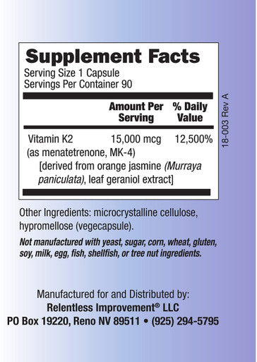 Relentless Improvement Vitamin K2 Mk4 Vegan Naturally