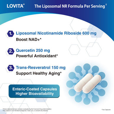 LOVITA Liposomal NR (Nicotinamide Riboside) 1000 mg with Quercetin & Trans-Resveratrol Support Cellular Health and Healthy Aging 100 Vegan Enteric-Coated Capsules