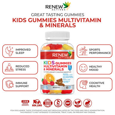 Renew Actives Kids Multivitamins Gummies For Good Health & Wellness - Promotes Healthy Hair, Nail, Skin, Eyesight, Bones, Teeth, & Gums - 60 Gummies