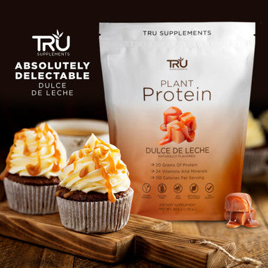 TRU Supplements Plant Based Protein Powder BCAA EAA 20g Vegan Brown Rice & Pea Protein 100 Calories 27 Vitamins No Artificial Flavors 25 Servings 25 Servings (Dulce De Leche)