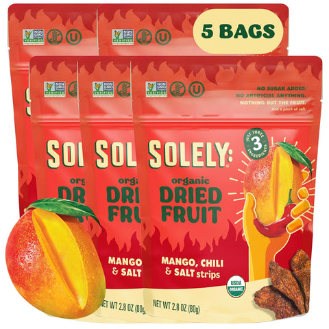 SOLELY Organic Dried Mango Strips with Chili and Salt (2.8 oz Resealable Bags Pack of 8) Real Fresh Fruit Healthy Snacks for Adults & Kids Non GMO Vegan Snacks Shelf Stable 8 Bags (22.4 oz)