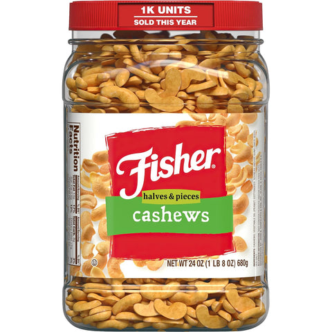 Fisher Snack Premium Whole Cashews, 24 Ounces, Roasted with Sea Salt, No Artificial Colors or Flavors, 100% Recyclable | Roasted With Sea Salt, No Artificial Colors Or Flavors, 100% Recyclable Packaging