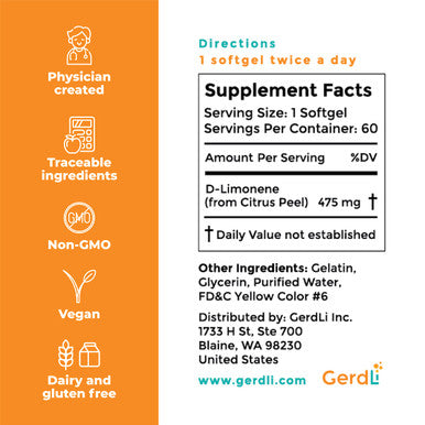 GerdLi Physician Engineered DLimonene Supplement for Natural Relief of Heartburn Gerd and Acid Reflux
