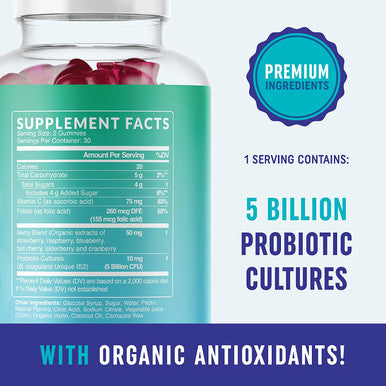 Probiotic Gummies with Vitamin C and Folic Acid 5 Billion CFU Probiotics Gut Health Digestion Immune System Support 60 Gluten NonGMO Gummies