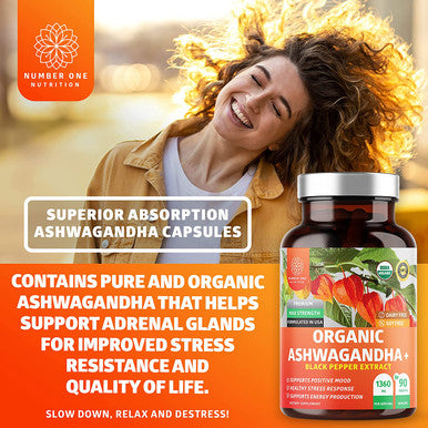 N1N Premium Organic Ashwagandha 1360mg Black Pepper Extract 90 Tablets