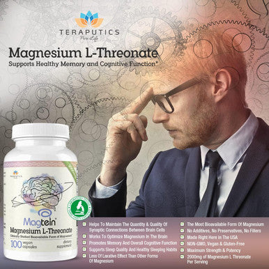 Magnesium L Threonate (Original Magtein Formula) - 2000 Mg 100 Vegan Capsules Non-Gmo Highly Absorptive Pure Supplement A Vitamin