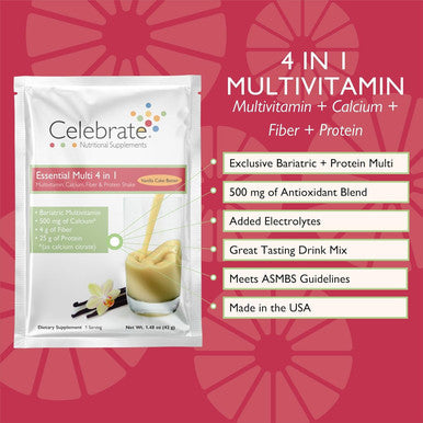 Celebrate Vitamins 4-In-1 Bariatric Multivitamin With Calcium Citrate Protein Shake, 500Mg Calcium, For Post Bariatric Surgery, Vanilla Cake Batter, 14 Servings