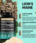 NUTRAHARMONY Organic Lions Mane - Certified Mushroom Supplement - Made In Usa - Fruiting Bodies Extract - 1200 Mg, 25% Polysaccharides - Memory & Focus - As Lions Powder, Liquid - 120 Capsules, 2 Month Supply