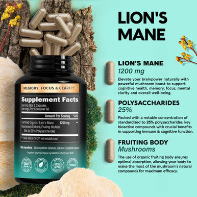 NUTRAHARMONY Organic Lions Mane - Certified Mushroom Supplement - Made In Usa - Fruiting Bodies Extract - 1200 Mg, 25% Polysaccharides - Memory & Focus - As Lions Powder, Liquid - 120 Capsules, 2 Month Supply